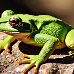 **A vibrant illustration showcasing the contrasting skin textures of a frog and a lizard.** The frog should have smooth, glistening, moist skin, perhaps with bright colors indicating potential toxicity. The lizard should have dry, scaled skin with a camouflage pattern, basking on a sun-drenched rock. The image should emphasize the difference in texture and color.