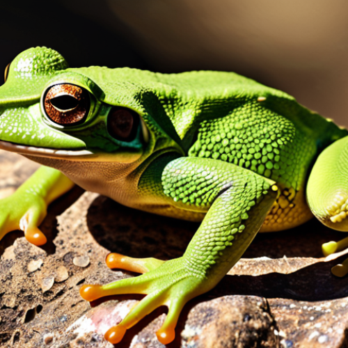 Home 15 **A vibrant illustration showcasing the contrasting skin textures of a frog and a lizard.** The frog should have smooth, glistening, moist skin, perhaps with bright colors indicating potential toxicity. The lizard should have dry, scaled skin with a camouflage pattern, basking on a sun-drenched rock. The image should emphasize the difference in texture and color.