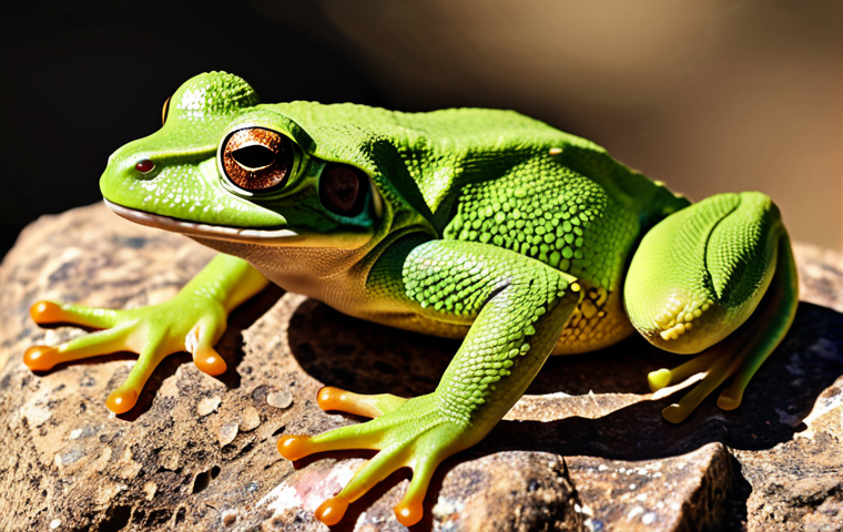 **A vibrant illustration showcasing the contrasting skin textures of a frog and a lizard.** The frog should have smooth, glistening, moist skin, perhaps with bright colors indicating potential toxicity. The lizard should have dry, scaled skin with a camouflage pattern, basking on a sun-drenched rock. The image should emphasize the difference in texture and color.