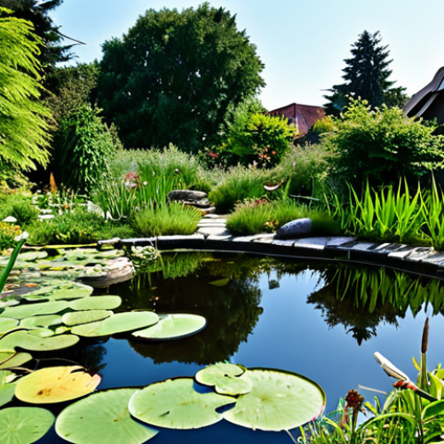 Home 14 The Ideal Frog Pond Environment**
"A thriving frog pond in a lush garden, filled with diverse local plants like reeds and water lilies, safe for work, appropriate content, fully clothed, modest, perfect anatomy of lily pads and plants, natural proportions, rocks and driftwood creating varied terrain, clear water reflecting the sky, professional, family-friendly."
**