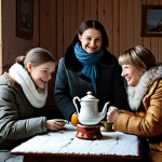 Cozy Winter Scene**

A cheerful family gathered around a samovar in a традиционный русский дом (traditional Russian house) during winter. Snow falls softly outside the window.  The family is dressed in warm, comfortable, fully clothed winter clothes - валенки (felt boots), платки (shawls), and шубы (fur coats).  The scene is warmly lit, creating a feeling of уют (coziness). Perfect anatomy, natural pose, safe for work, appropriate content, fully clothed, family-friendly, professional, high resolution, detailed textures.

**