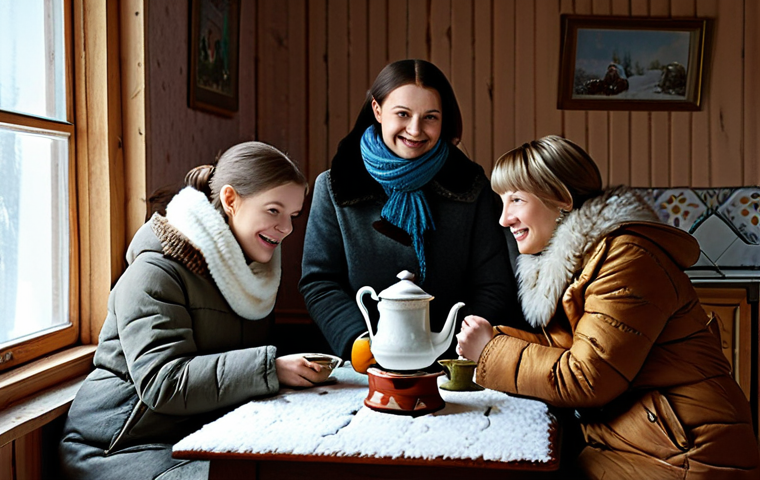 Cozy Winter Scene**

A cheerful family gathered around a samovar in a традиционный русский дом (traditional Russian house) during winter. Snow falls softly outside the window.  The family is dressed in warm, comfortable, fully clothed winter clothes - валенки (felt boots), платки (shawls), and шубы (fur coats).  The scene is warmly lit, creating a feeling of уют (coziness). Perfect anatomy, natural pose, safe for work, appropriate content, fully clothed, family-friendly, professional, high resolution, detailed textures.

**
