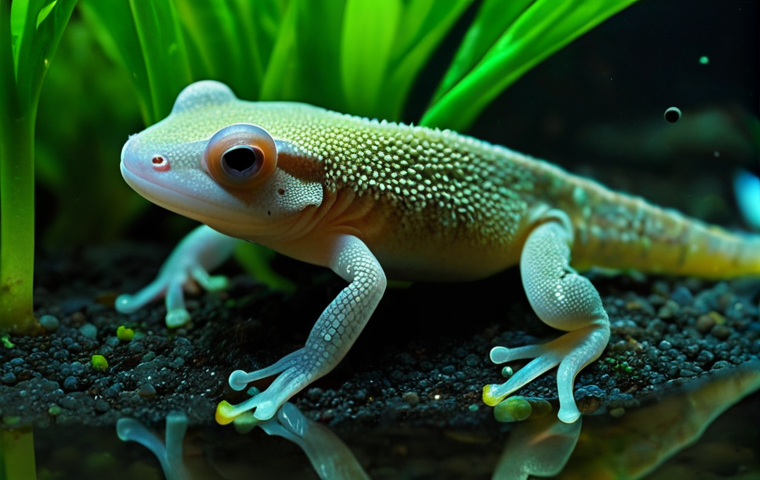 양서류 수질 관리 방법 - **Prompt:** A single, adult axolotl or a similarly sized aquatic amphibian, appearing slightly letha...