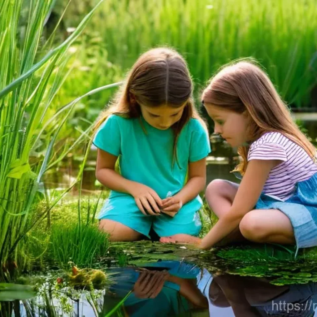 양서류 전시회 정보 - **Childhood Wonder at the Pond:**
    A bright, sunny outdoor scene depicting a young girl, around 8...