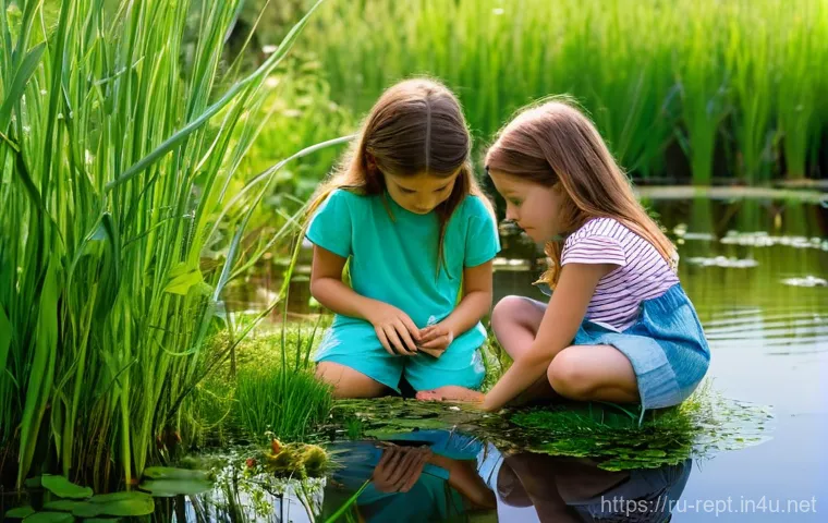 양서류 전시회 정보 - **Childhood Wonder at the Pond:**
A bright, sunny outdoor scene depicting a young girl, around 8...