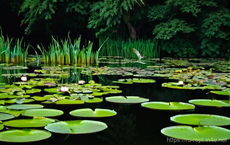 개구리 울음소리의 생태적 의미 - **Prompt:** A vibrant, natural pond at dusk, teeming with life. Numerous frogs of various sizes are ...