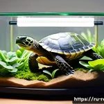 Home 20 파충류 전용 사료 브랜드 비교 - A detailed illustration of a terrarium environment showcasing a healthy herbivorous turtle eating fr...