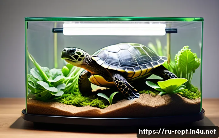 파충류 전용 사료 브랜드 비교 - A detailed illustration of a terrarium environment showcasing a healthy herbivorous turtle eating fr...