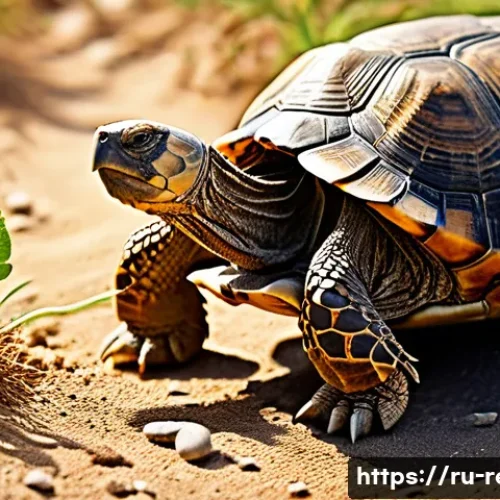 Home 31 거북이 육지 이동 습관 - A detailed scene of a land tortoise slowly walking across a sunlit dry terrain with sparse grass and...