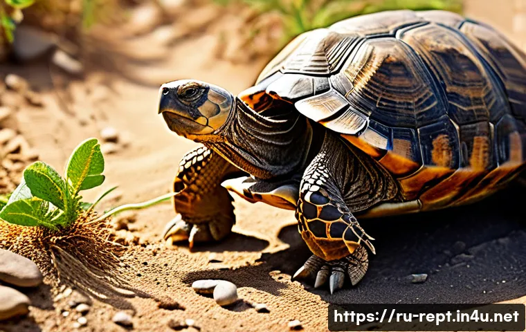 거북이 육지 이동 습관 - A detailed scene of a land tortoise slowly walking across a sunlit dry terrain with sparse grass and...