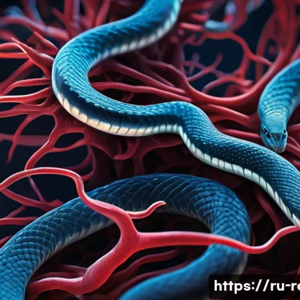 뱀독을 활용한 약물 개발 - A highly detailed scientific illustration of snake venom molecules interacting with human blood comp...