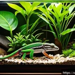 Home 23 파충류와 양서류 관련 전자책 - A spacious terrarium interior designed for a day gecko, featuring vibrant tropical plants, natural w...