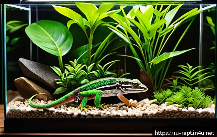 파충류와 양서류 관련 전자책 - A spacious terrarium interior designed for a day gecko, featuring vibrant tropical plants, natural w...