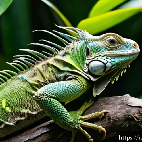 Home 17 이구아나와 도마뱀의 교배 가능성 - A detailed close-up portrait of a green iguana perched on a tropical branch, showcasing its rough, s...