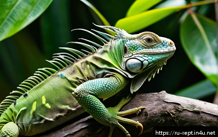이구아나와 도마뱀의 교배 가능성 - A detailed close-up portrait of a green iguana perched on a tropical branch, showcasing its rough, s...