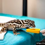 도마뱀 발톱 관리 - Photorealistic close-up of a calm leopard gecko receiving gentle claw care in a Russian reptile vete...