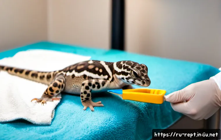 도마뱀 발톱 관리 - Photorealistic close-up of a calm leopard gecko receiving gentle claw care in a Russian reptile vete...