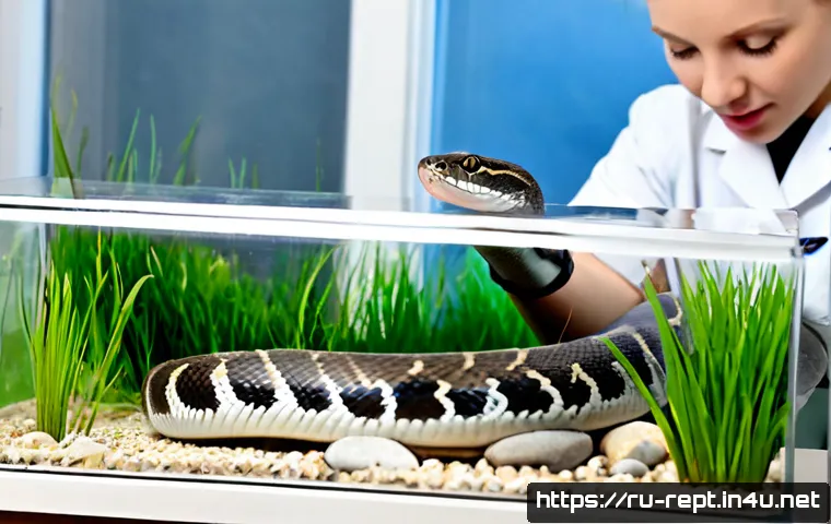 Home 17 뱀의 감각기관 연구 - Photorealistic wildlife research scene in a modern Russian herpetology laboratory, a calm biologist ...