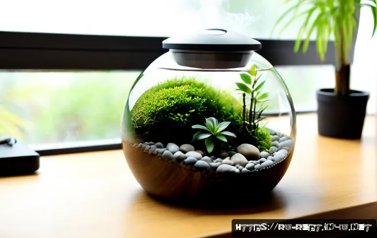 Home 17 테라리움 온습도 조절 기기 추천 - Photorealistic close-up of a small glass terrarium on a tidy wooden desk, lush green moss and tropic...